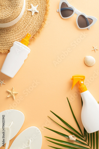 Flat lay vertical of summer beach essentials including sunscreen, straw hat, sunglasses, and flip flops on a sandy textured background showcasing sun protection and holiday vibes
