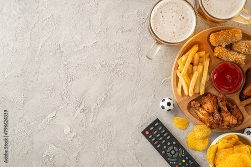 Football tournament theme. Overhead shot of game-day bites: loaded fries, nuggets, chicken tenders, sauce, alongside beer, a footballs, and a TV remote on a textured table