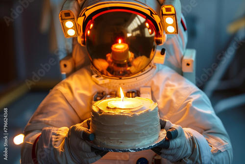 An astronaut in full gear presents a birthday cake with a single lit candle, symbolizing celebration in an unusual environment
