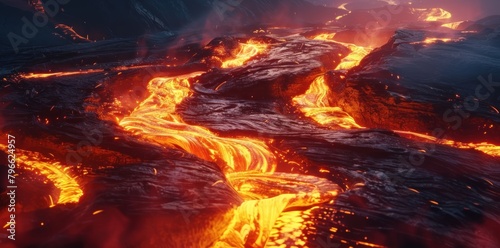 Intense volcanic backdrop with fiery lava flows and smoking vents, capturing the raw energy of a volcanic eruption 