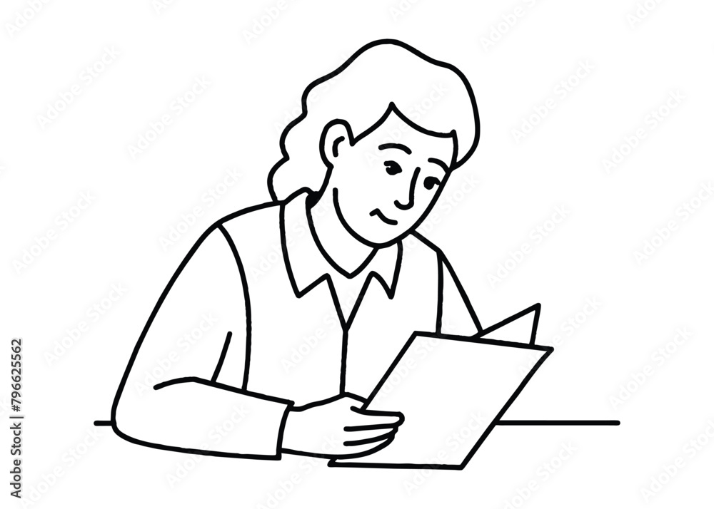 A teacher grading papers with a thoughtful expression A teacher grading papers with a thoughtful expression