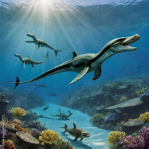 Plesiosaurs living in water, ai-generatet