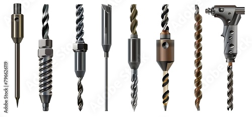 A set of various shapes and sizes of drill heads, including spades, screwdriver-shaped bits with sharp ends, and spiral or twist bits with visible metal all are displayed against a white background photo