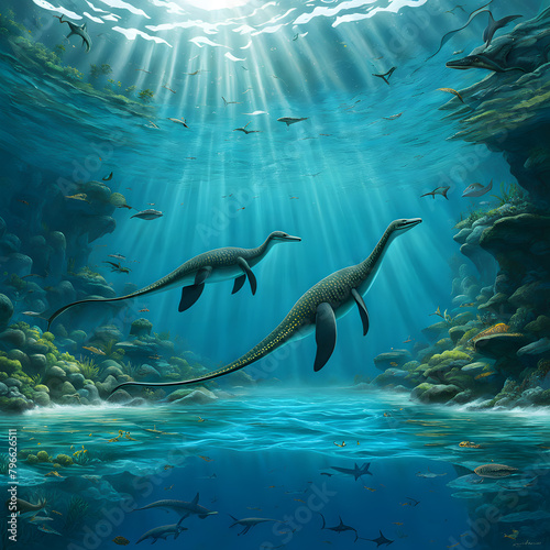 Plesiosaurs living in water, ai-generatet photo