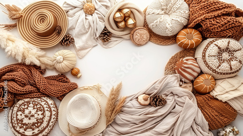 A collection of hats, scarves, and other knick knacks arranged in a circle. The hats are of various styles and colors, and the scarves are of different textures and patterns photo