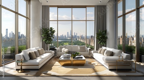 Living room filled with furniture and a large window covered in glass walls that overlooks a cityscape.