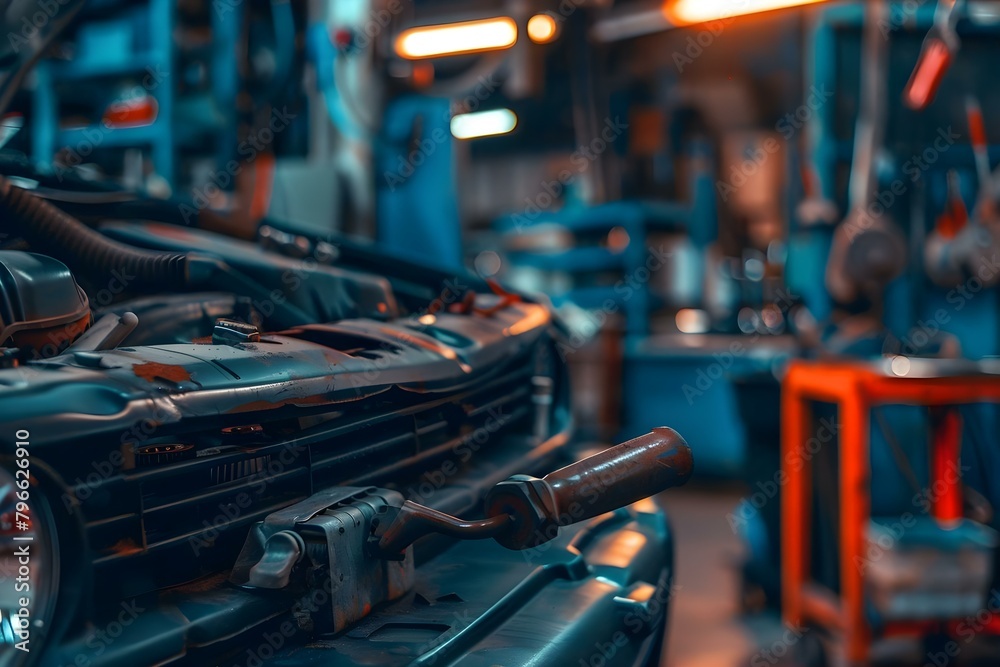 Car Maintenance at an Auto Repair Shop. Concept Oil Change, Tire Rotation, Brake Inspection, Fluid Check, Engine Diagnostic Car Maintenance at an Auto Repair Shop. Concept Oil Change, Tire Rotation, Brake Inspection, Fluid Check, Engine Diagnostic