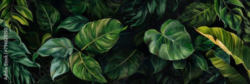 Tropical pattern with beautiful monstera, palm leaves. Dark vintage 3D illustration. Glamorous exotic abstract background design. Good for luxury wallpapers, fabric printing, goods. High quality photo