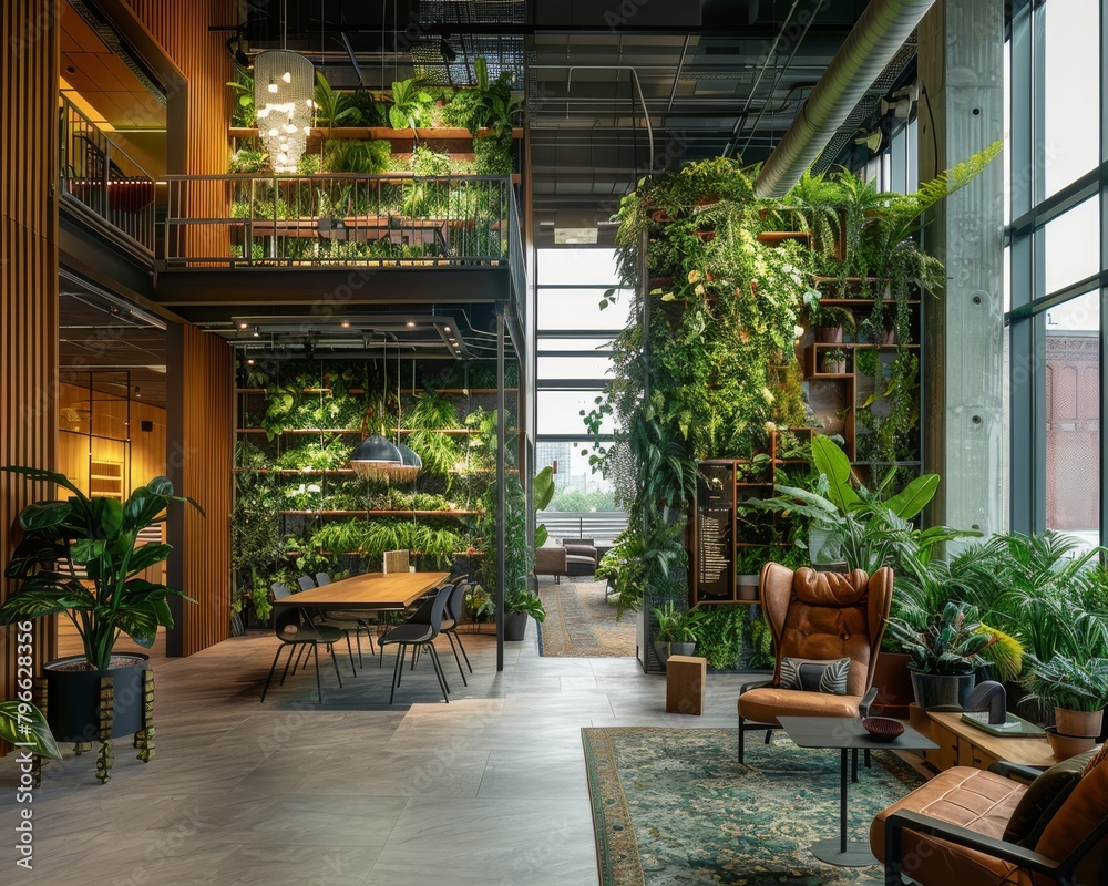 The image shows an office space decorated with plants and a green wall.