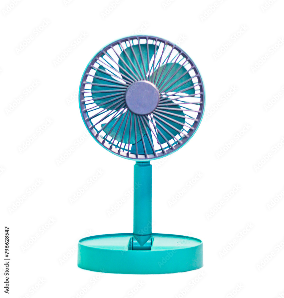 Small portable fan, green, white background, isolated