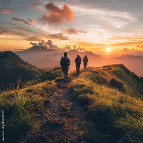 Three hikers on a mountain ridge at sunset.