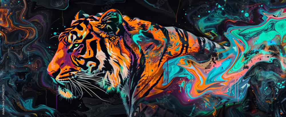 Colorful psychedelic neon painting of melting wild tiger,black b
