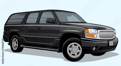 Grand wagon vehicle, black car. Vector illustration of wagon-crossover American car.
