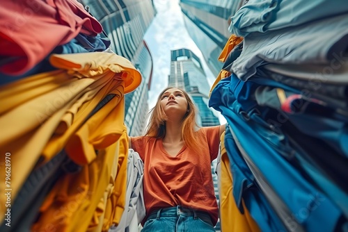 Woman surrounded by clothes with city skyscrapers in the background: A symbolic representation of fast fashion. Concept Fast Fashion, Environmental Impact, Consumerism, Urban Lifestyle