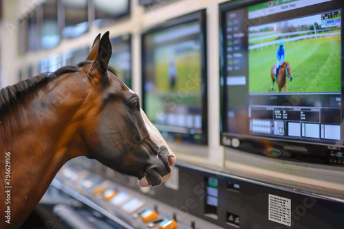 A horse watching television screens showing horse racing &  horse riding. Sports betting statistics. Betting house. Generatve AI.