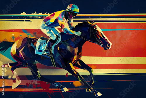 IA Illustration. Jockey riding a horse running in a horse race. Black background with bright colors. Generative AI