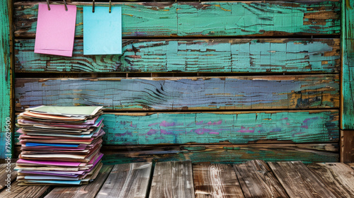 A stack of papers is on a wooden shelf with a pink and blue paper clip