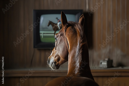 A portrait horse animal watching horse racing and sports betting statistics in the living room sitting on the sofa. Betting house. Generative AI.