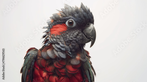 rontal view of a grim looking paradise parrot on white background, ethereal, dreamcore a vertifcal neon red light , professional color grading photo