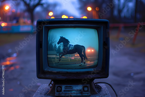 Race horse on retro vintage TV. Sports concept, sports betting. Cinematic street background with bright colors. No people. Generative AI
