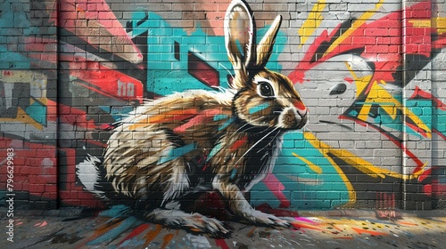 Dynamic 3D wallpaper featuring a vividly rendered rabbit jumping out of a graffiticovered wall, creating a striking visual breakaway effect photo
