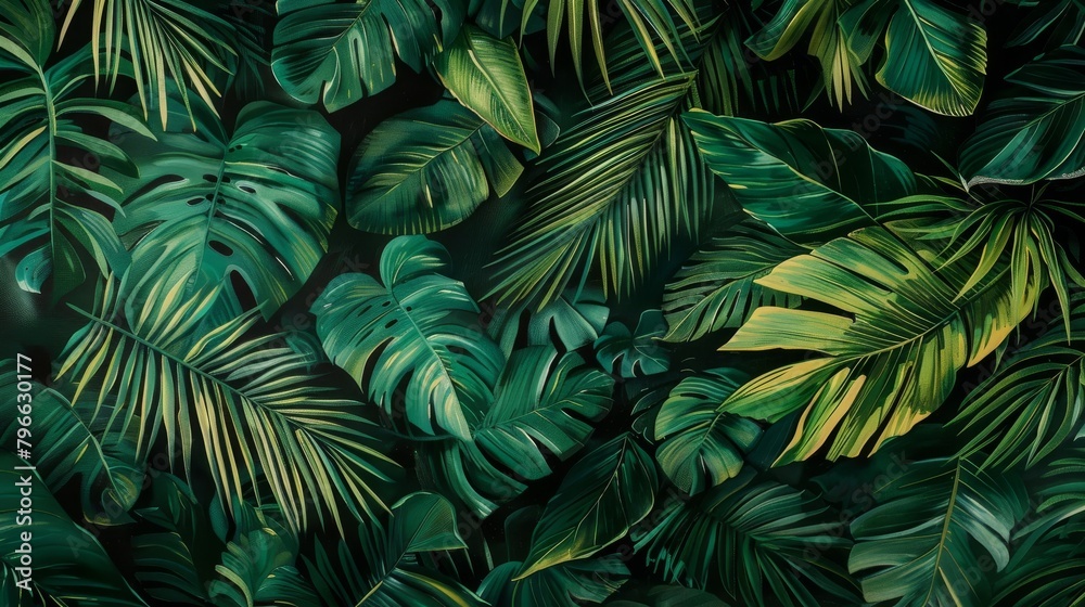 Tropical pattern with beautiful monstera, palm leaves. Dark vintage 3D illustration. Glamorous exotic abstract background design. Good for luxury wallpapers, fabric printing, goods. High quality photo