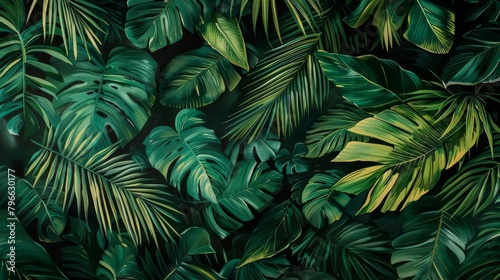 Tropical pattern with beautiful monstera  palm leaves. Dark vintage 3D illustration. Glamorous exotic abstract background design. Good for luxury wallpapers  fabric printing  goods. High quality photo
