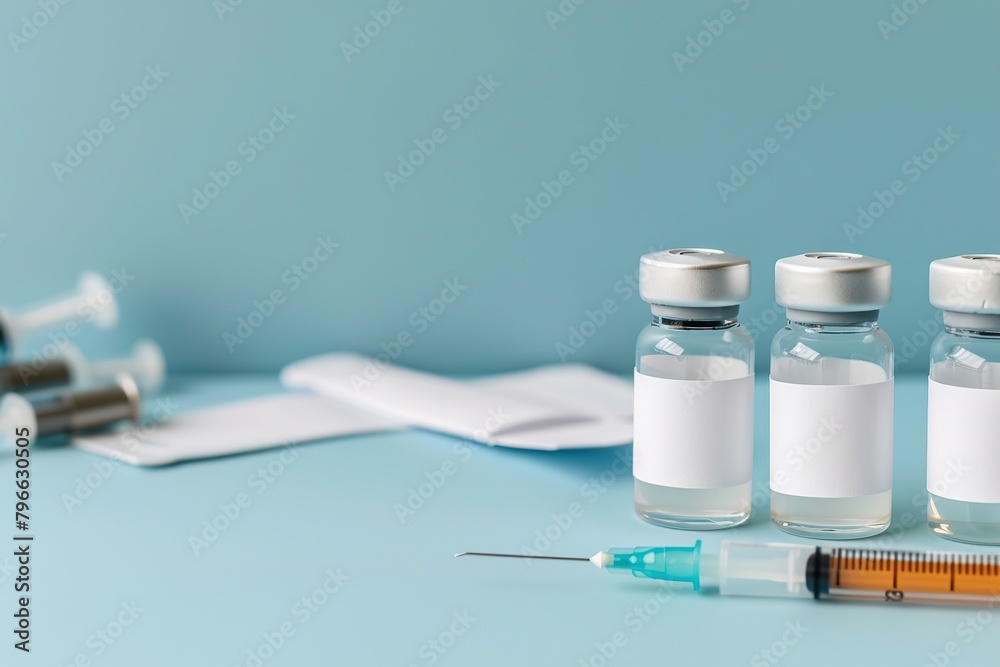 Syringe and glass vial on blue background table. Medical Vials group, needles, ampoules, bottle with medicines or vaccine. Disease treatment. Creative Banner. Anti-aging beauty injections. Vaccination