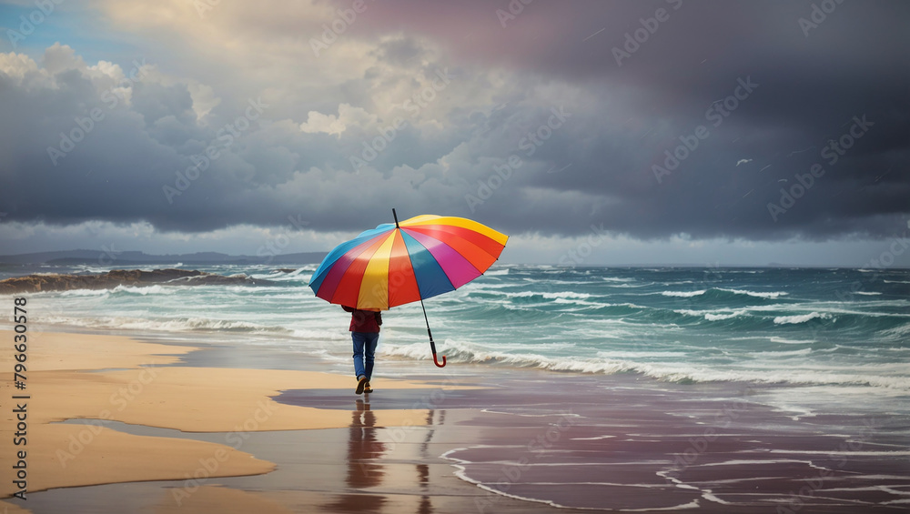 A person is walking on the beach with a rainbow umbrella. The ocean is rough and the sky is cloudy.


