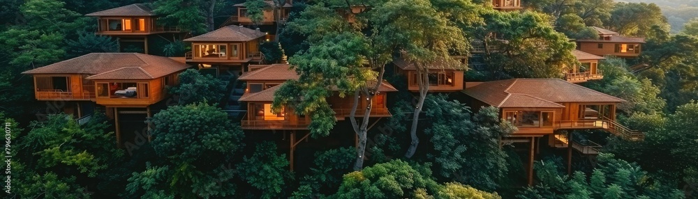 Treehouses integrated in a lush forest - Luxurious treehouses nestled among a dense green forest demonstrate sustainable living with a modern twist