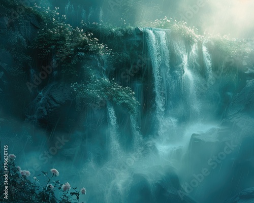 Enigmatic waterfall with ethereal blue light - In this image, an enigmatic waterfall suffused with an ethereal blue light creates a scene of surreal tranquility and allure photo