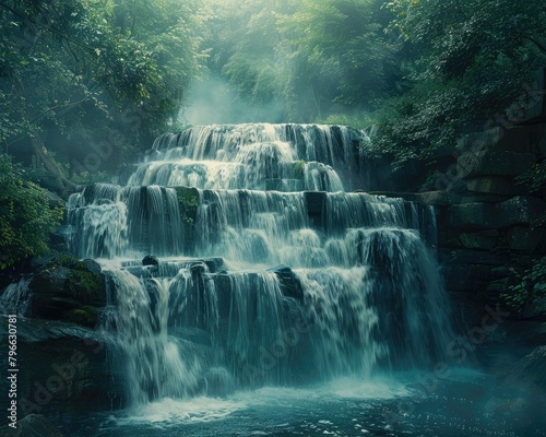 Mystical forest waterfall scene in blue tones - Serene and mystical, this waterfall cascading through an enchanted forest exudes a tranquil and otherworldly essence