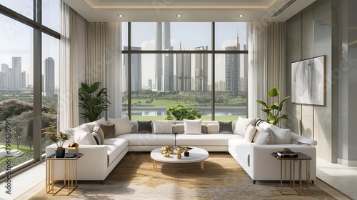 Modern living room with white sofa and a large window overlooking a cityscape.