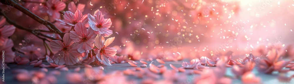 Close-up of delicate pink cherry blossoms - This image showcases the detailed beauty of blooming cherry blossoms, focusing on the flower anatomy with a soft, magical backdrop