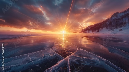 Sunburst over stark frozen landscape - The sun's rays pierce the sky, casting an ethereal glow on the frozen, snowy landscape with striking ice formations photo
