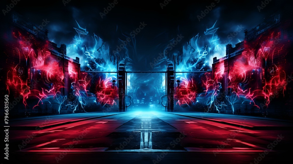 An intriguing artwork featuring a dark tunnel adorned with striking red and blue lights