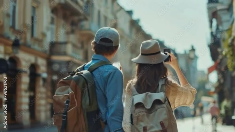 Tourist Couple with Backpacks Taking Photos in European City