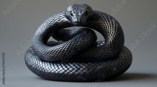 A snake is curled up on a surface. The snake is black and shiny photo