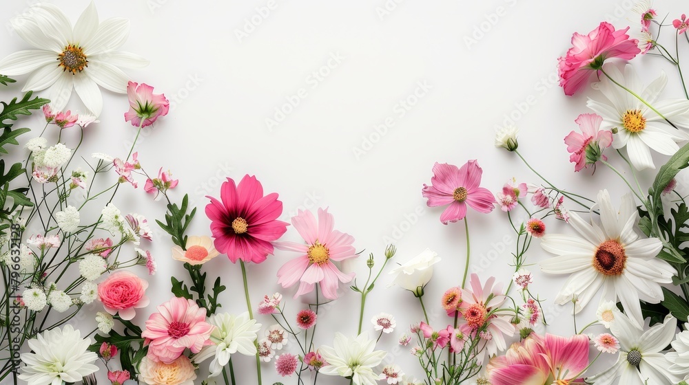 Beautiful flowers on white background, top view. Space for text Beautiful flowers on white background, top view. Space for text