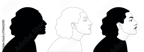 A young woman in profile. Vector black and white illustration. Caucasian woman, Armenian, Georgian. Head and shoulders side view. Three variants of a female portrait, silhouette, line graphics, styliz