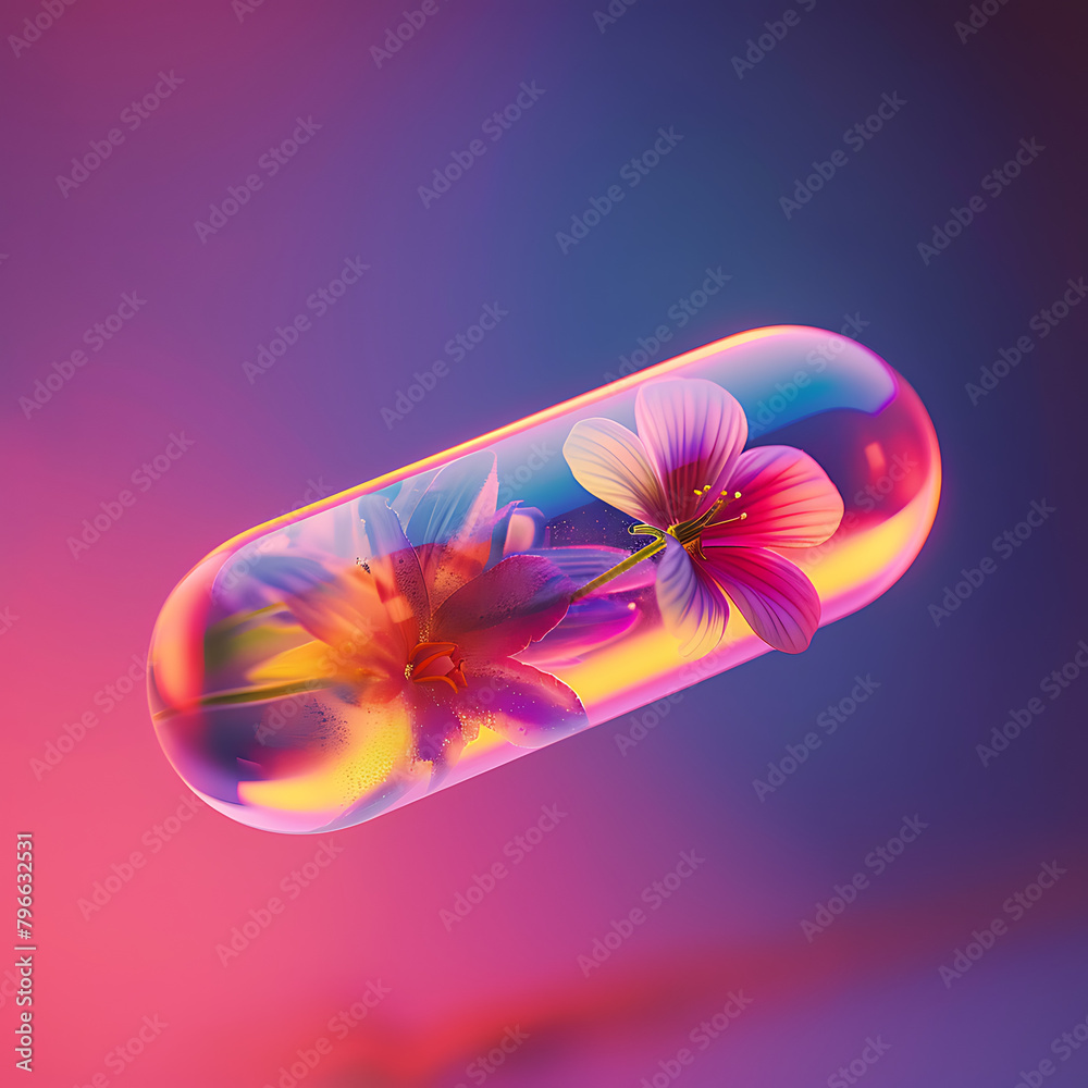 Pill, pink plant inside the pill.