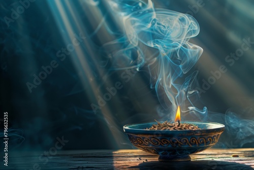 Incense Burning, Traditional Aroma Incense Smoke, Arabian Bakhoor Burning in a Ray of Light