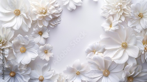 Flowers composition. Frame made of white flowers on white background. Flat lay, top view, copy space