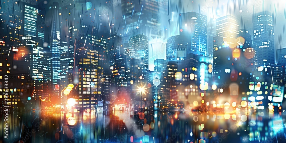 Fototapeta premium Cityscape at Night, Bokeh Texture Background, Blurry Street Banner, City Light Nightlife Mockup