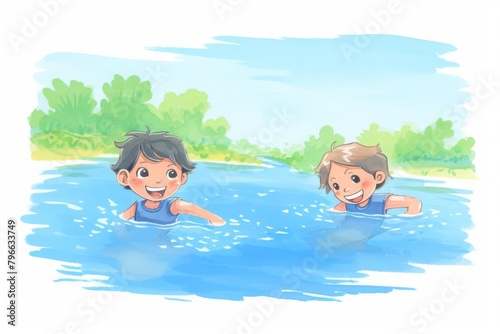 Sapphire springs, Kids swimming in vibrant sapphireblue springs, children book watercolor clipart