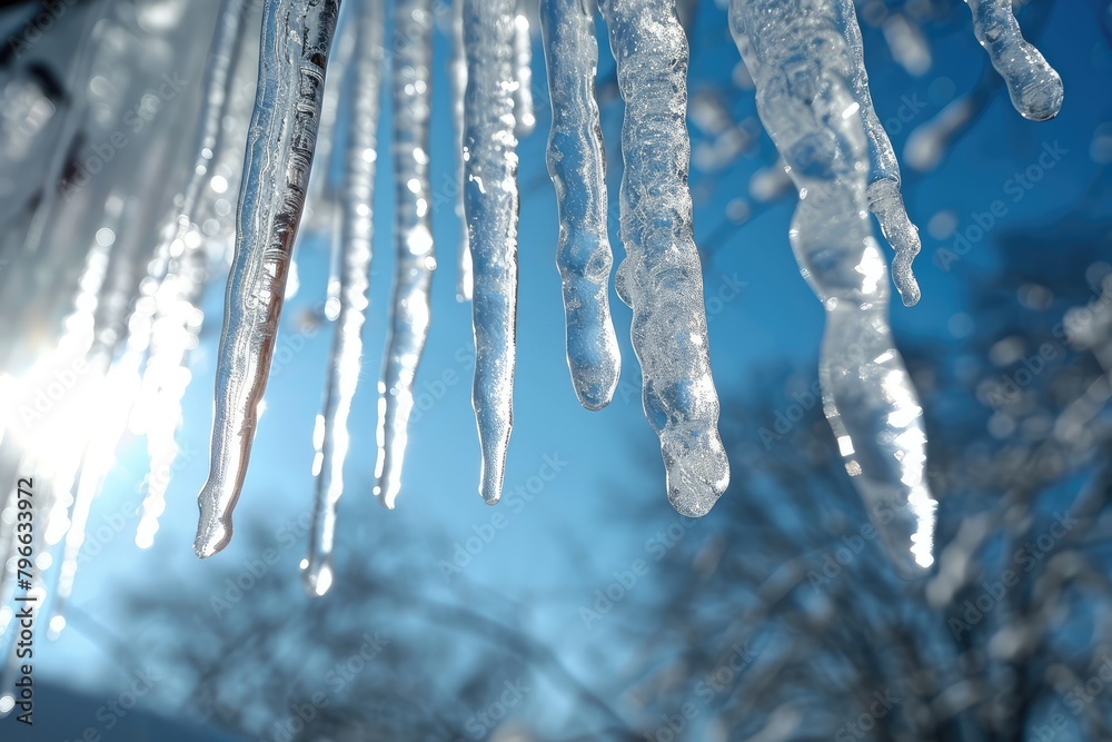 Dripping Icicles on Blue Background, Many Melting Icicles, Clean Water Falling Down from Icicles Dripping Icicles on Blue Background, Many Melting Icicles, Clean Water Falling Down from Icicles