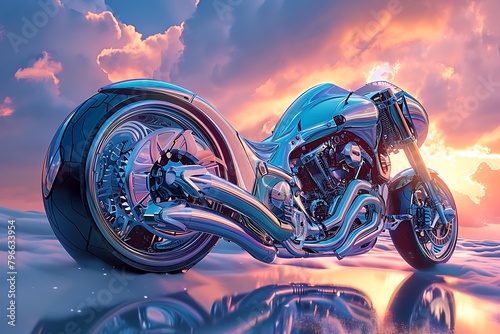 A retro-futuristic motorbike with chrome accents, set against a backdrop of swirling pastel clouds at dawn