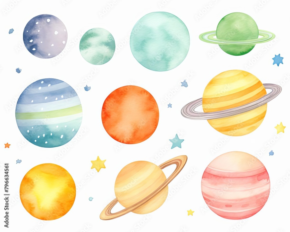 Space, Colorful planets and stars in outer space, children book watercolor clipart Space, Colorful planets and stars in outer space, children book watercolor clipart