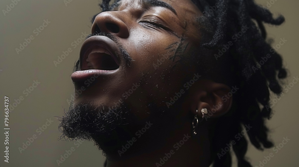 A man with dreadlocks is singing into a microphone. He has a tattoo on his face and is wearing earrings