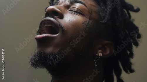 A man with dreadlocks is singing into a microphone. He has a tattoo on his face and is wearing earrings